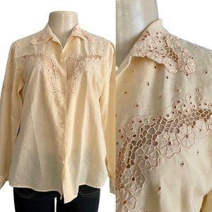 Vintage Cut Out Embroidered Blouse by Miami Creations size M Yellow Button up.